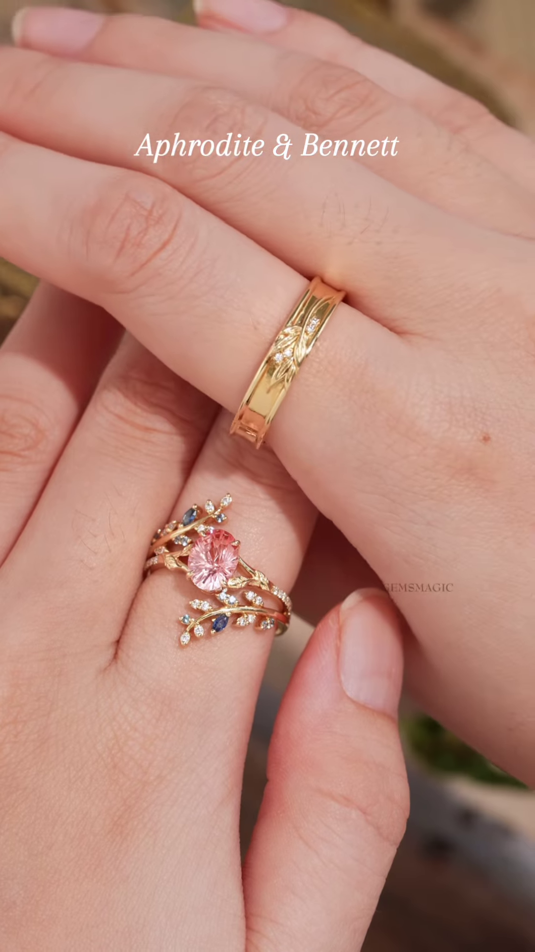 Enchanting Gold-Toned Ring with Pink Center Gemstone and Diamond-Accented Vine Band