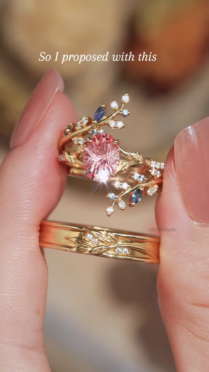 Enchanting Gold-Toned Ring with Pink Center Gemstone and Diamond-Accented Vine Band