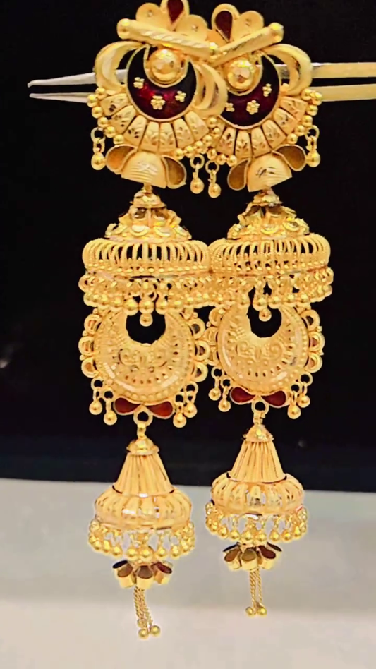 Ornate Gold-Toned Jhumka Earrings with Traditional Filigree and Red Accents