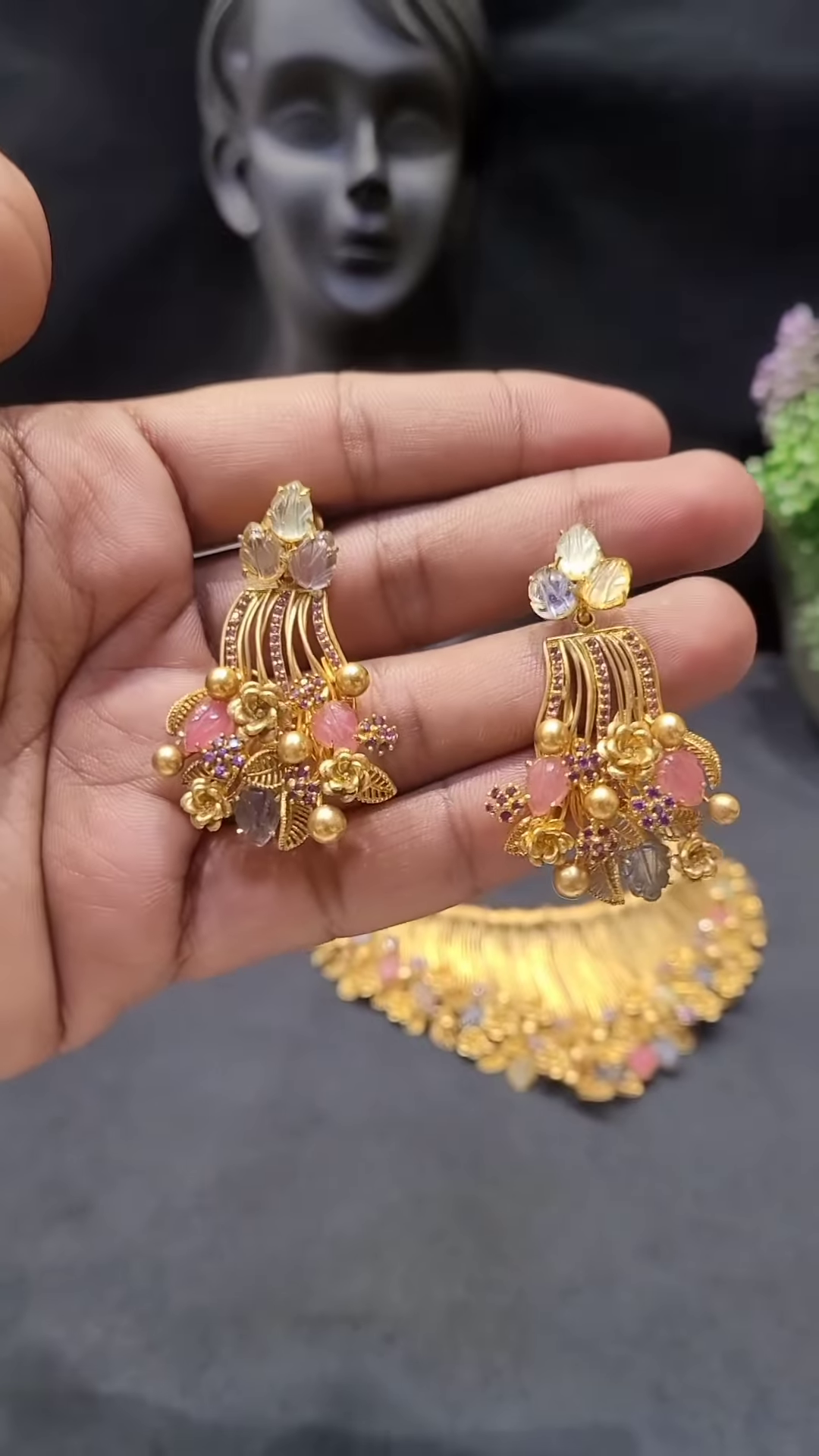 Ornate Gold-Toned Statement Necklace with Multi-Colored Gemstones and Floral Accents