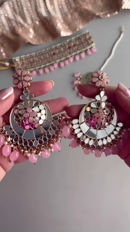 Elegant Silver-Toned Choker Jewelry Set with Pink Beaded Drops and Matching Maang Tikka & Earrings