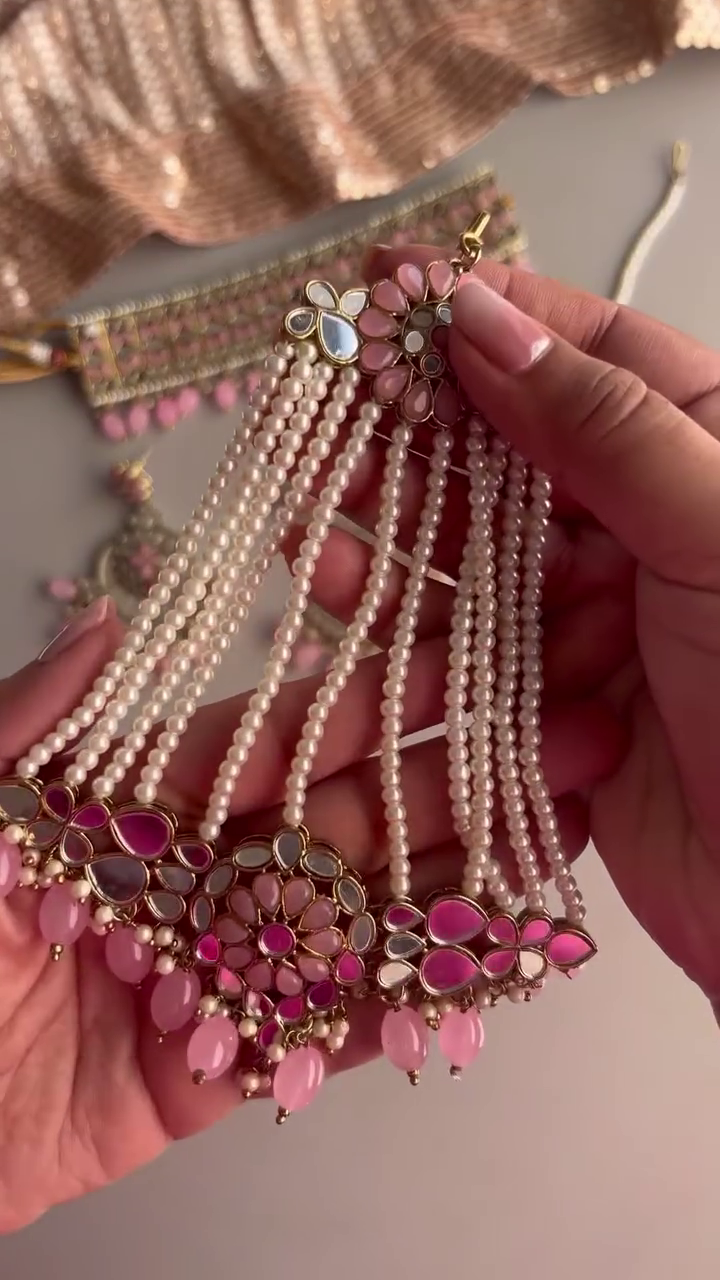 Elegant Silver-Toned Choker Jewelry Set with Pink Beaded Drops and Matching Maang Tikka & Earrings