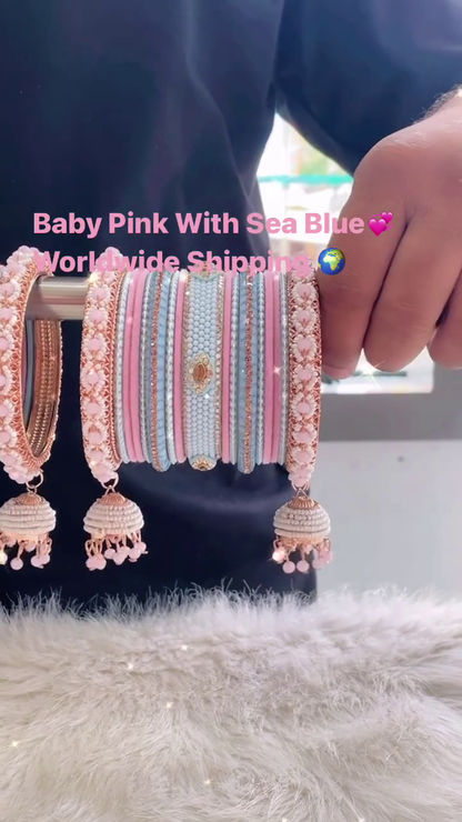 Vibrant Multi-Tone Bangle Set with Baby Pink, Sea Blue, and Embellished Charms