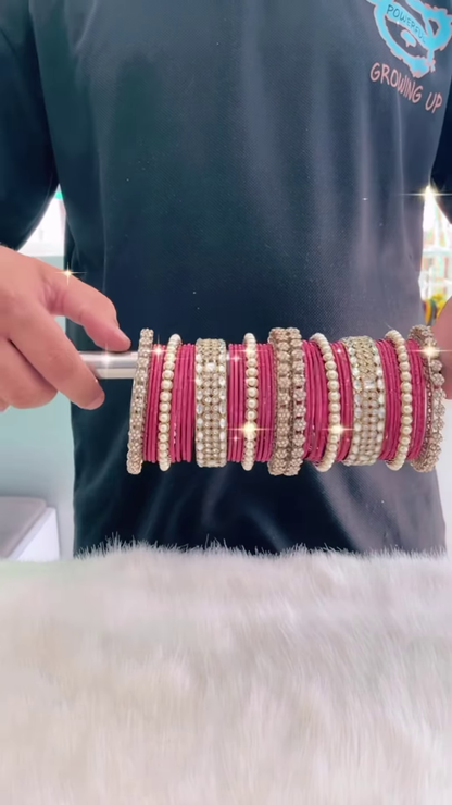Opulent Maroon and Gold-Toned Bangle Set with Pearl and Crystal Embellishments