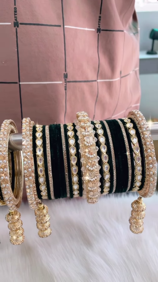 Opulent Dark Green Velvet-Inspired Bangle Set with Gold-Toned Embellishments and Clear Gemstones