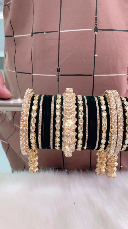 Opulent Dark Green Velvet-Inspired Bangle Set with Gold-Toned Embellishments and Clear Gemstones