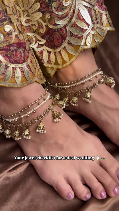 Exquisite Bridal Gold-Toned Multi-Tiered Hanging Adornments with Dangle Beads and Leaf Accents