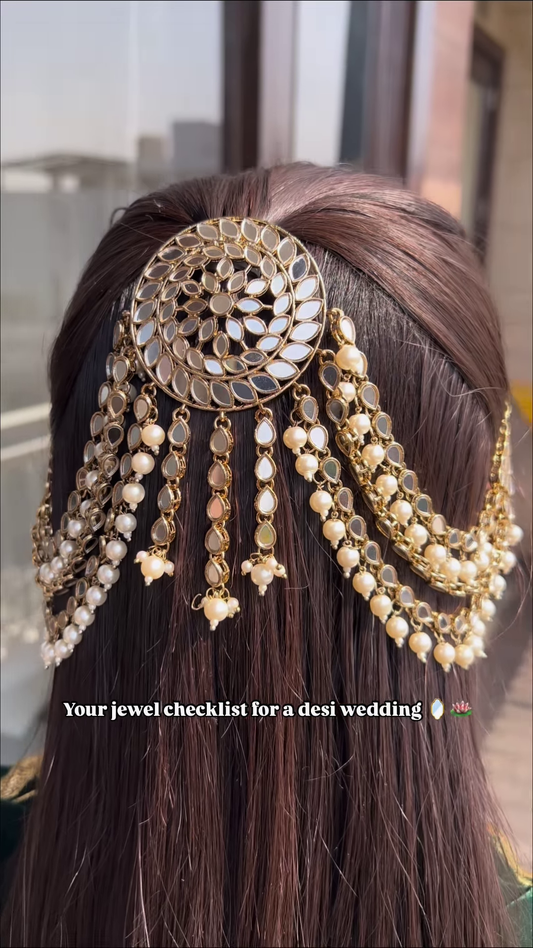 Exquisite Bridal Gold-Toned Multi-Tiered Hanging Adornments with Dangle Beads and Leaf Accents