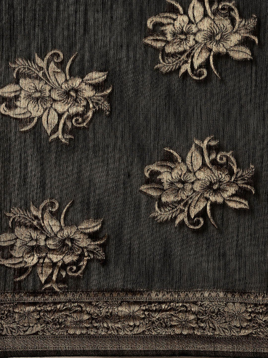 Black Floral Linen Blend Banarasi Saree